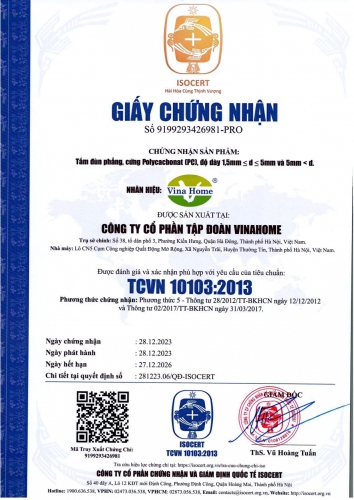 CHỨNG CHỈ VINAHOME ĐẠT TCVN 10103:2013 & CHUẨN CHÂU ÂU 11963:2012.