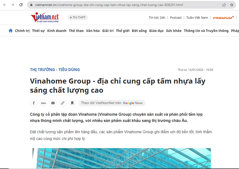 [Vietnam net] Vinahome Group - Địa chỉ cung cấp tấm nhựa lấy sáng chất lượng cao